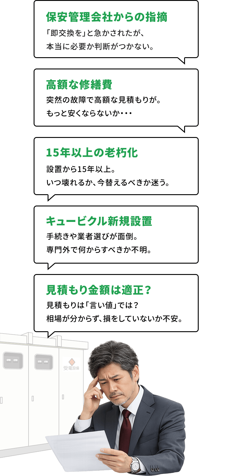 ［保安管理会社からの指摘］「即交換を」と急かされたが、本当に必要か判断がつかない。［高額な修繕費］突然の故障で高額な見積もりが。もっと安くならないか･･･［15年以上の老朽化］設置から15年以上。いつ壊れるか、今替えるべきか迷う。［キュービクル新規設置］手続きや業者選びが面倒。専門外で何からすべきか不明。［見積もり金額は適正？］見積もりは「言い値」では？相場が分からず、損をしていないか不安。
